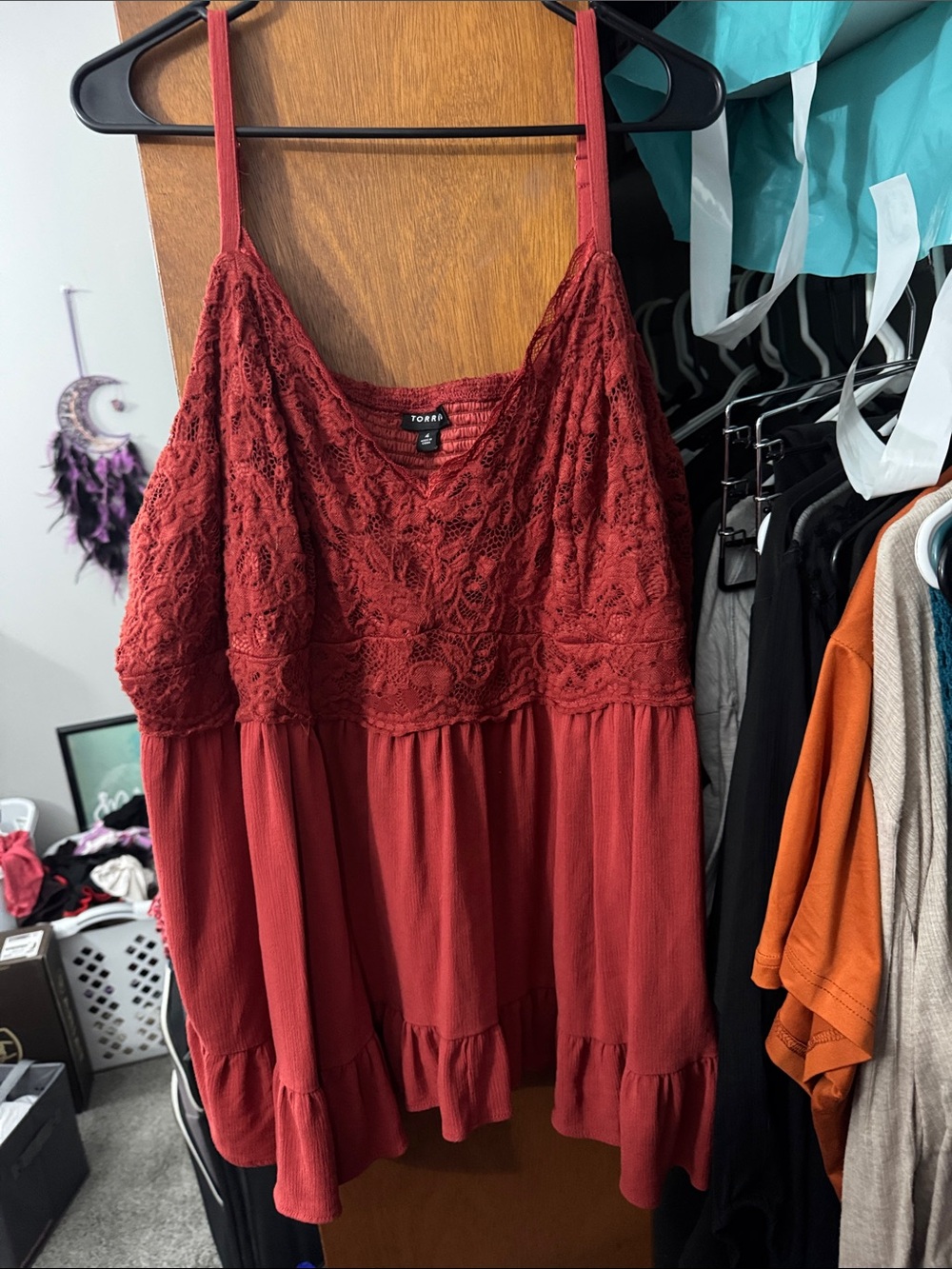 torrid Brick Red Lace V-Neck Tiered Cami Top